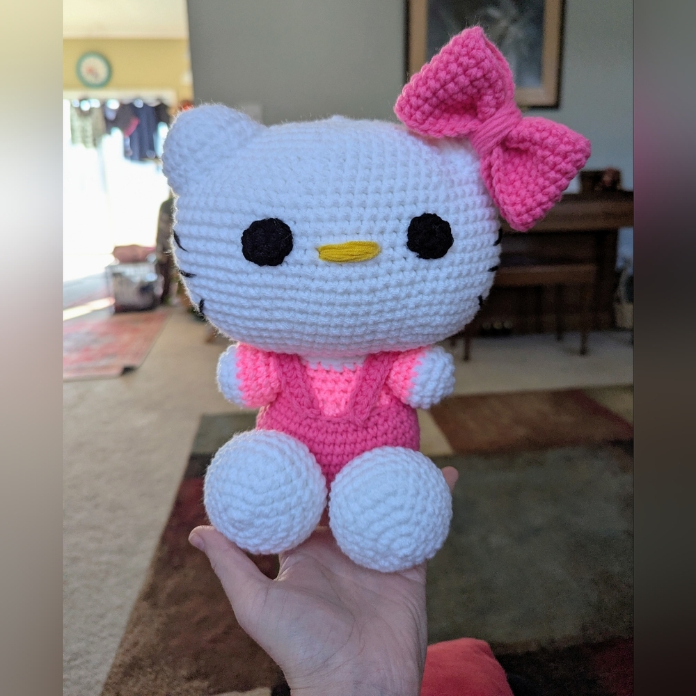 Handmade Crochet Pink Hello Kitty Plushie Stuffed Toy
